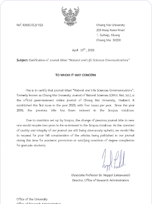 Certification letter for Natural and Life Sciences Communications from Chiang Mai University